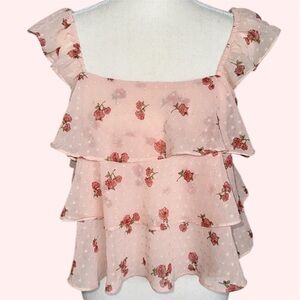 Forever 21 Pink Red Poppies Floral Tiers Ruffle Straps Cropped Cami Tank Sz M